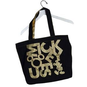 Disney Parks Mickey Mouse Black with Metallic Gold Sparkle Canvas Tote Bag